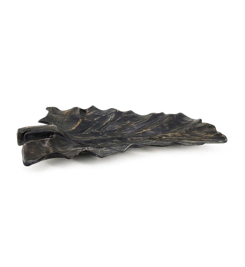 Platou decorativ din lemn de tec Erosi Carved Leaf Negru / Natural, L55xl26xH5 cm