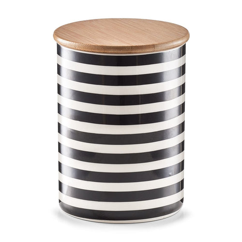 Zeller Recipient ceramic pentru depozitare Stripes, capac din bambus, Black/White, 900 ml, Ø 11,5xH15 cm