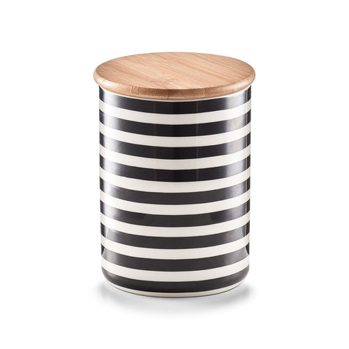 Recipient ceramic pentru depozitare Stripes, capac din bambus, Black/White, 580 ml, Ø 10xH13 cm