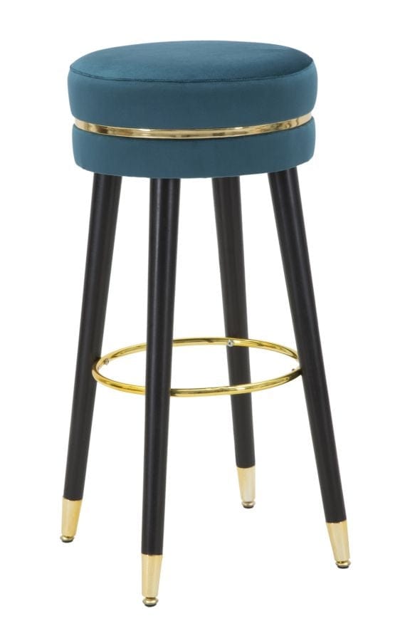 Scaun de bar tapitat cu stofa si picioare din lemn, Paris Velvet Teal / Negru / Auriu, Ø35xH74 cm