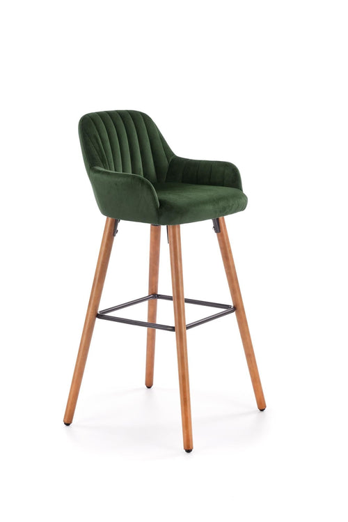 Scaun de bar tapitat cu stofa, cu picioare din lemn Hoku-93 Verde inchis / Nuc, l47xA49xH98 cm