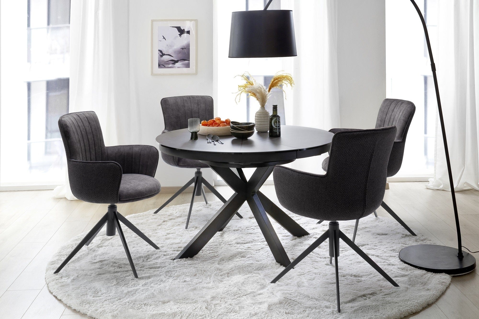 Set 2 scaune rotative tapitate cu stofa si picioare metalice, Denia Antracit / Negru, l60xA64x87 cm (1)