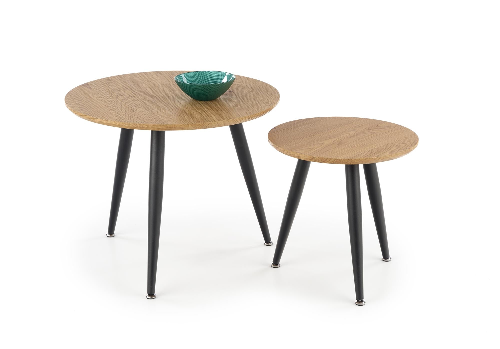 Set 2 mese de cafea din MDF si metal, Mentor II Stejar Auriu / Negru, Ø59xH48 / Ø40xH41 cm