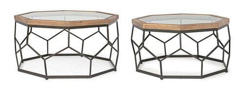 Set 2 mese de cafea din sticla, lemn de brad si metal Smith Hexagonal Transparent / Natural / Negru, Ø90xH45 / Ø77xH40 cm