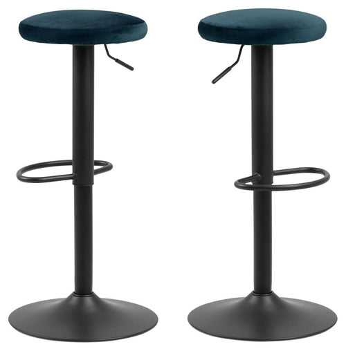 Set 2 scaune de bar tapitate cu stofa si picior metalic Finch Velvet Albastru inchis / Negru, Ø40xH82 cm