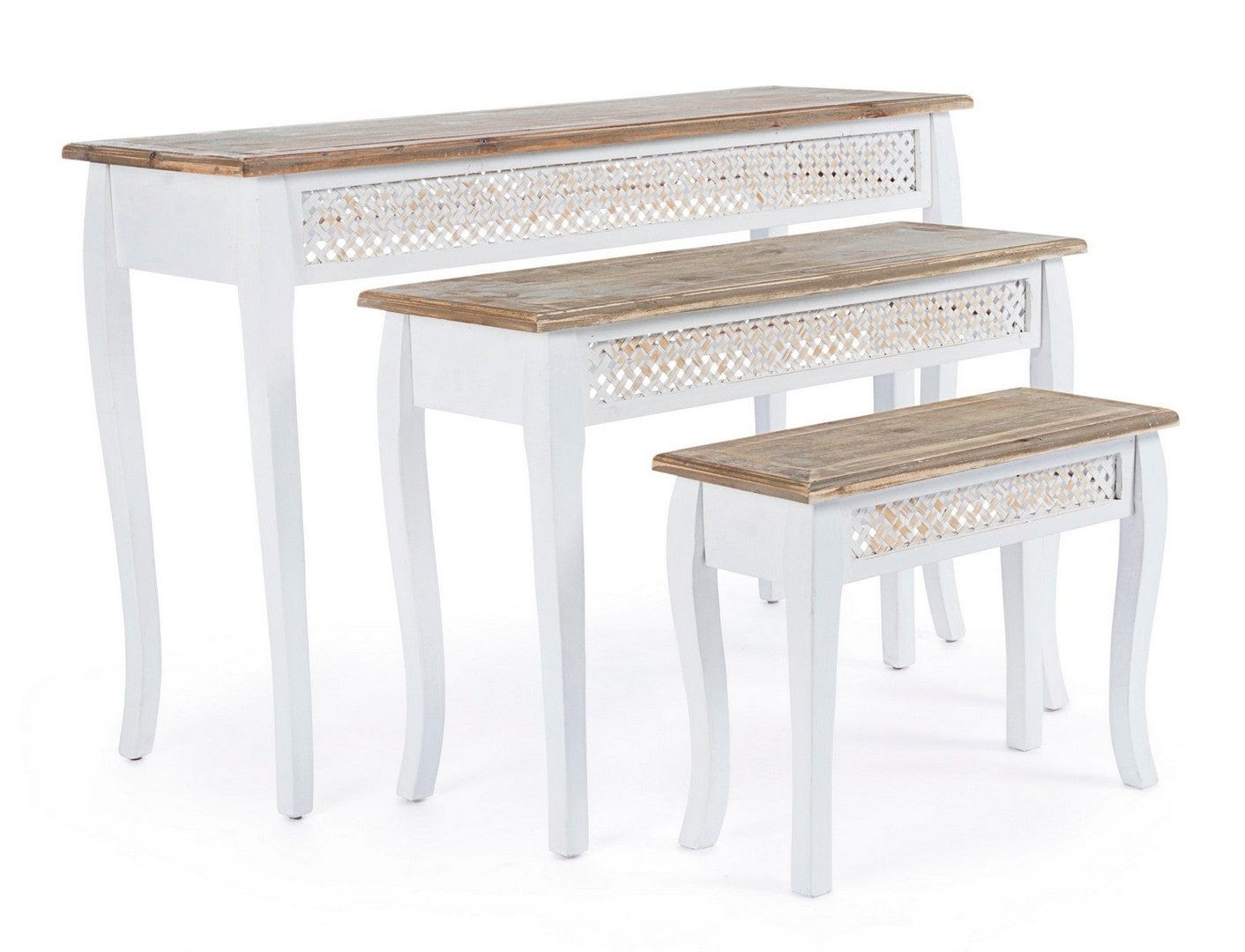 Set 3 console din bambus, lemn de brad si MDF, Rosen Natural / Alb, l120xA40xH78 / l90xA33xH62 / l60xA25xH48 cm