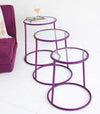 Set 3 mese de cafea din sticla si metal Magia Transparent / Violet, Ø48,5xH52 cm / Ø44xH48 cm / Ø40xH42,5 cm