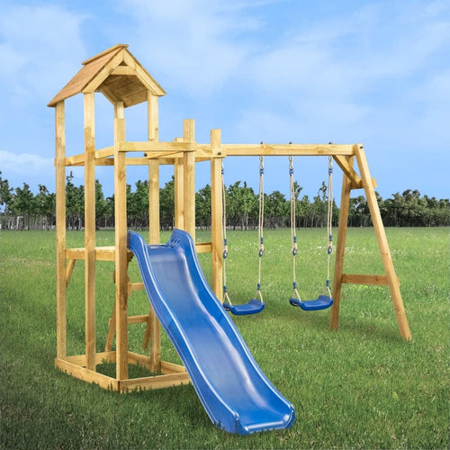 VidaXL Set de joaca exterior din lemn de pin, pentru copii, cu tobogan si 2 leagane, Playhouse Tower Natural / Albastru, L285xl305xH226,5 cm