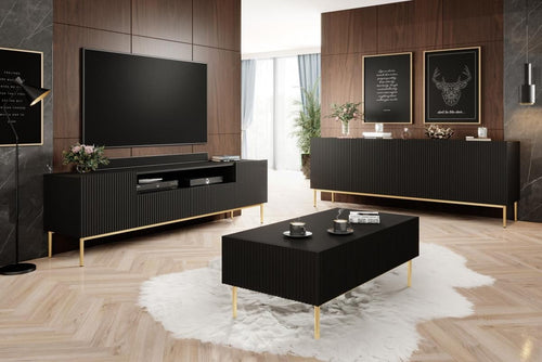 Set de mobila living din pal, MDF si metal, 3 piese, Nicole Blacky Negru / Auriu