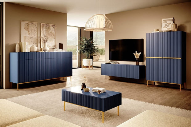 Set de mobila living din pal, MDF si metal, 4 piese, Nicole Big Bleumarin / Auriu