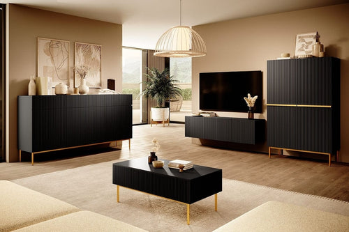 Set de mobila living din pal, MDF si metal, 4 piese, Nicole Blacky Big Negru / Auriu