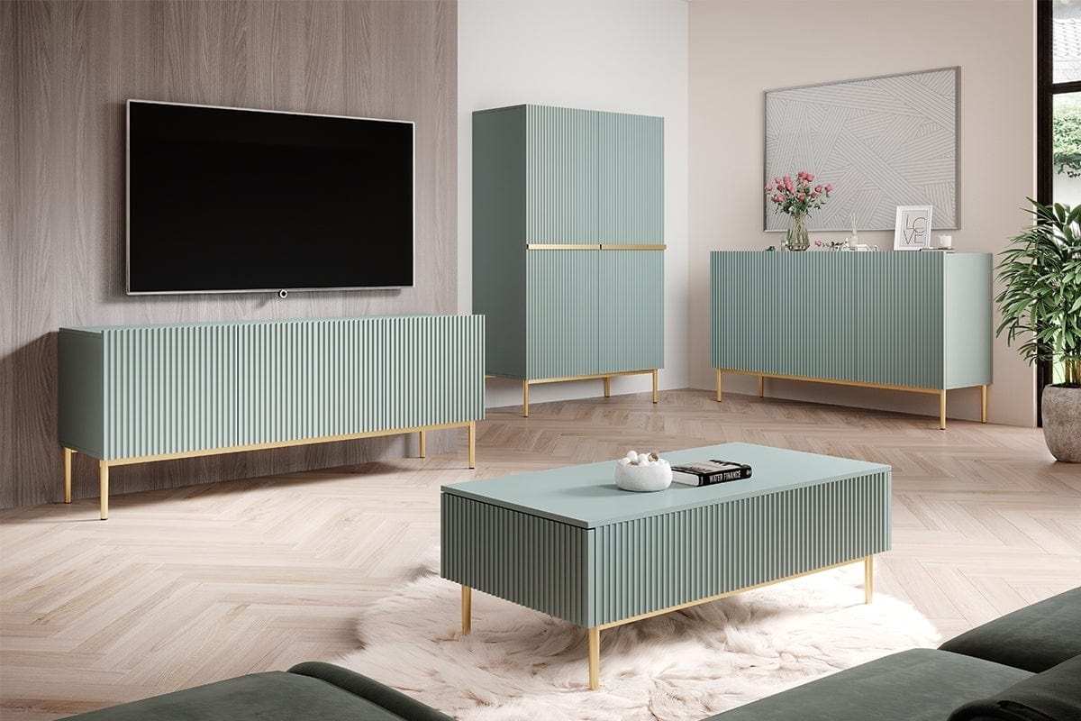 Set de mobila living din pal, MDF si metal, 4 piese, Nicole Slim Verde Mint / Auriu