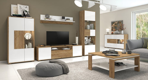 Set de mobila living din pal si MDF, cu LED inclus, 6 piese Stela I Alb / Stejar Tobacco