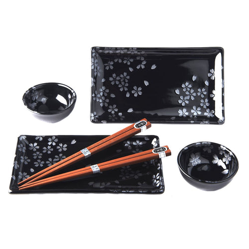 Set japonez pentru servire sushi, din ceramica, Sakura Negru, 4 piese