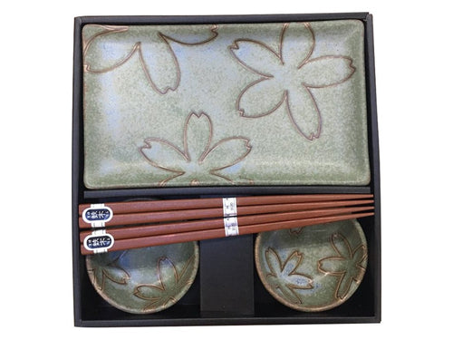 Set japonez pentru servire sushi, din ceramica, Stylized Flowers Verde, 4 piese