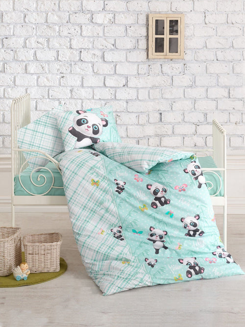 Set lenjerie pentru copii, din bumbac, 4 piese, Panda Multicolor, 100 x 150 cm