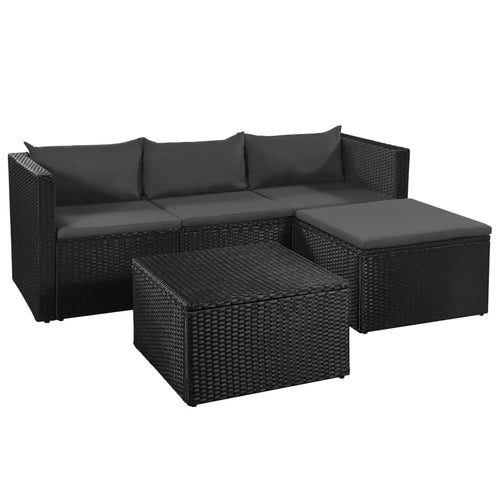 VidaXL Set mobilier gradina / terasa, Zena Negru / Gri Inchis, canapea 3 locuri + 1 taburet + masa de cafea