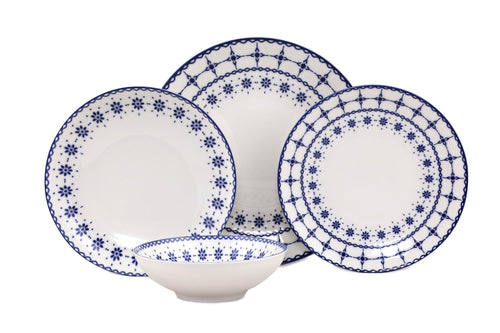 Set vesela din portelan, Flowers Alb / Albastru, 24 piese