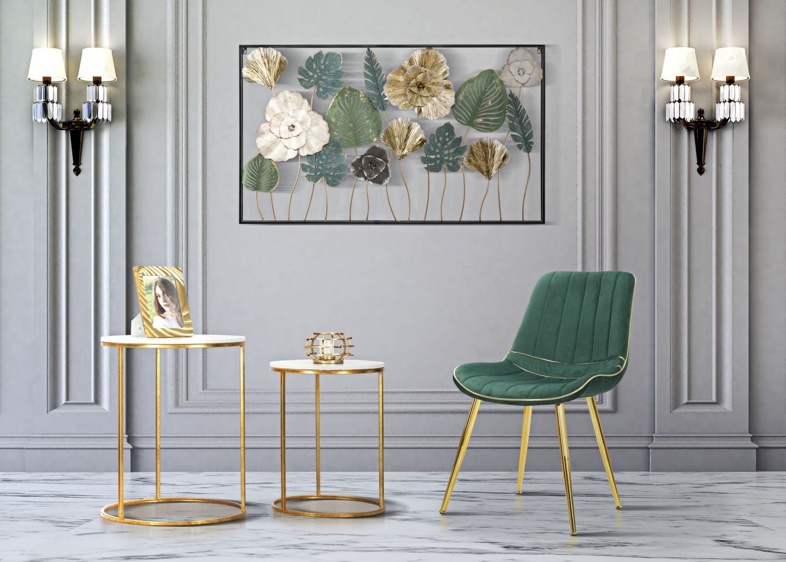 Set 2 scaune tapitate cu stofa si picioare metalice Paris Velvet Verde / Auriu, l51xA59xH79 cm (1)