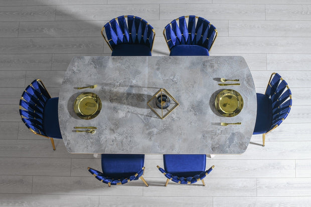 Set 4 scaune tapitate cu stofa si picioare metalice, Kusa 142 Velvet Bleumarin / Auriu, l43xA43xH82 cm (2)