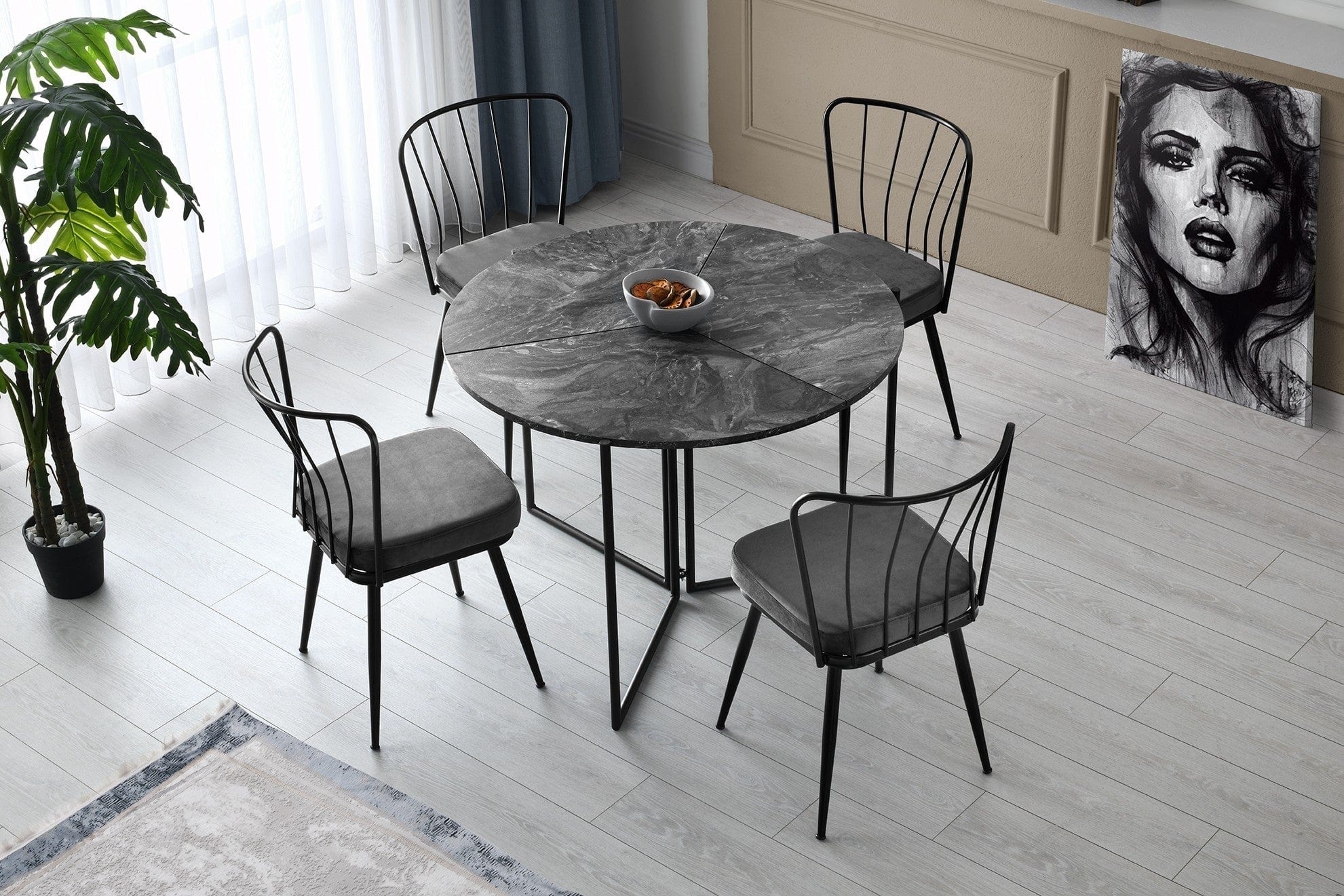 Set 2 scaune tapitate cu stofa si picioare metalice, Yildiz 189 Velvet Gri inchis / Negru, l43xA42xH82 cm (1)