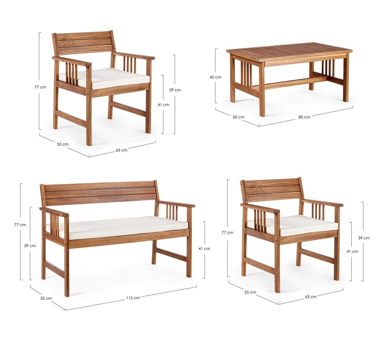 Set mobilier pentru gradina / terasa, Noemi Natural, banca 2 locuri + 2 scaune + masa de cafea (3)