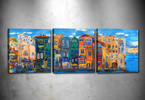 Oyo Tablou 3 piese Canvas City View Multicolor, 90 x 30 cm