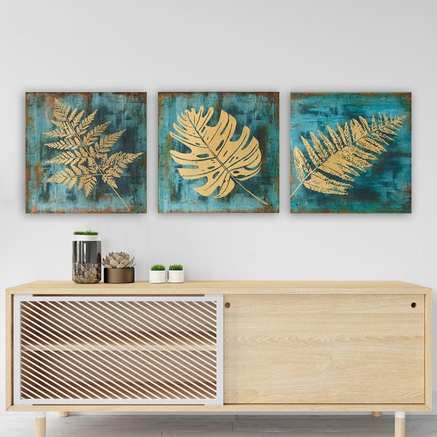 Asir Tablou 3 piese Canvas Leaves 3P5777 Bleu / Auriu, 90 x 30 cm