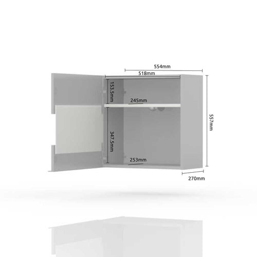 Vitrina suspendata din pal si MDF, cu 1 usa si LED inclus, Avis VK55-1KS/AV Small Alb / Nuc Pacific, l55xA29xH56 cm (1)